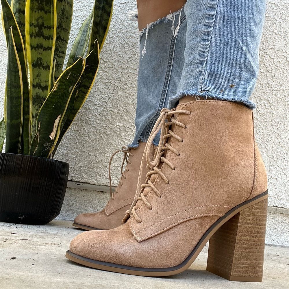 Beige Faux Suede Lace Up Wooden Heel